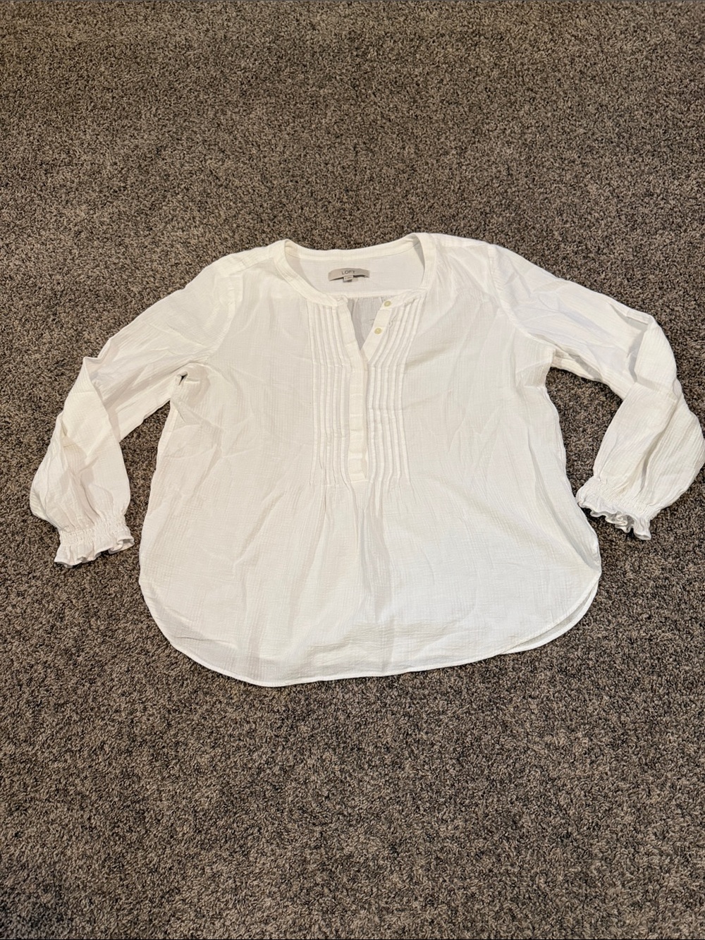 LOFT White Pintuck Peasant Top 100% Cotton. Size Large